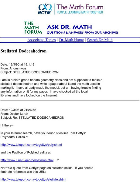 The Math Forum: Ask Dr. Math: Stellated Dodecahedron Activity The Math Forum: Ask Dr. Math: Stellated Dodecahedron Activity