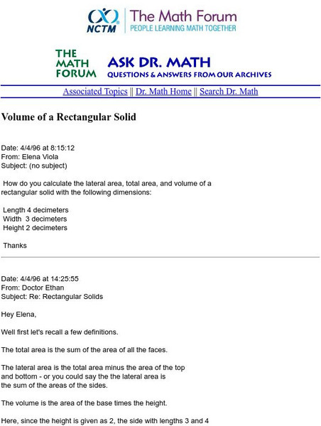 The Math Forum: Ask Dr. Math: Volume of a Rectangular Solid Activity The Math Forum: Ask Dr. Math: Volume of a Rectangular Solid Activity
