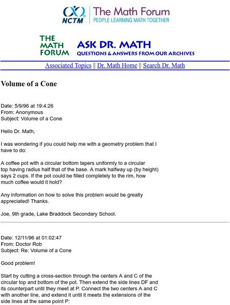 The Math Forum: Ask Dr. Math: Volume of a Cone Unit Plan The Math Forum: Ask Dr. Math: Volume of a Cone Unit Plan