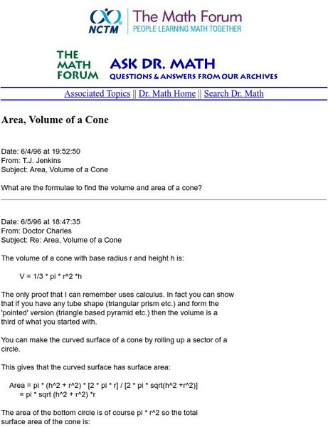 The Math Forum: Ask Dr. Math: Area, Volume of a Cone Unit Plan The Math Forum: Ask Dr. Math: Area, Volume of a Cone Unit Plan
