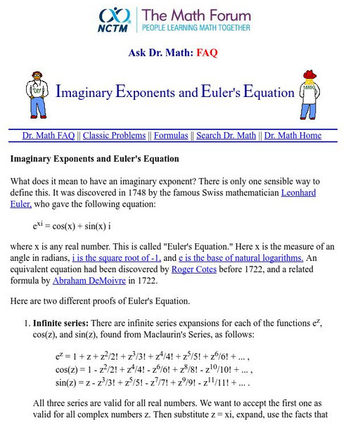 The Math Forum: Imaginary Exponents and Euler's Equation Unit Plan The Math Forum: Imaginary Exponents and Euler's Equation Unit Plan