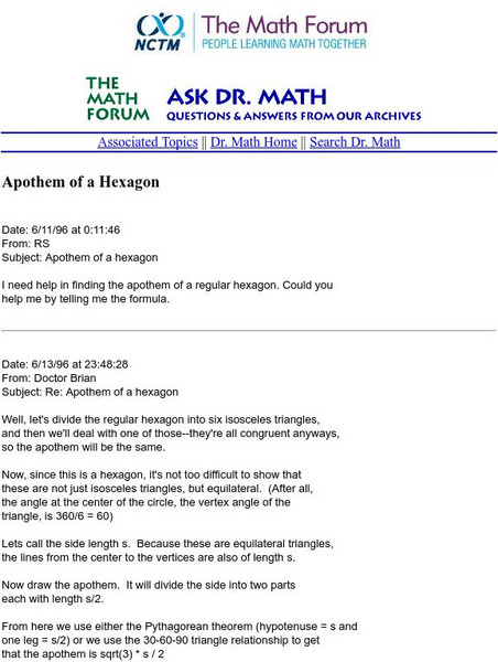 The Math Forum: Ask Dr. Math: Apothem of a Hexagon Unit Plan The Math Forum: Ask Dr. Math: Apothem of a Hexagon Unit Plan