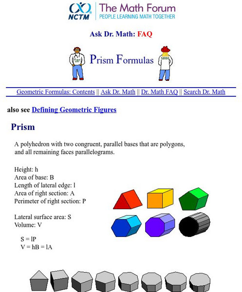 The Math Forum: Ask Dr. Math Faq, Prism Formulas Unit Plan The Math Forum: Ask Dr. Math Faq, Prism Formulas Unit Plan