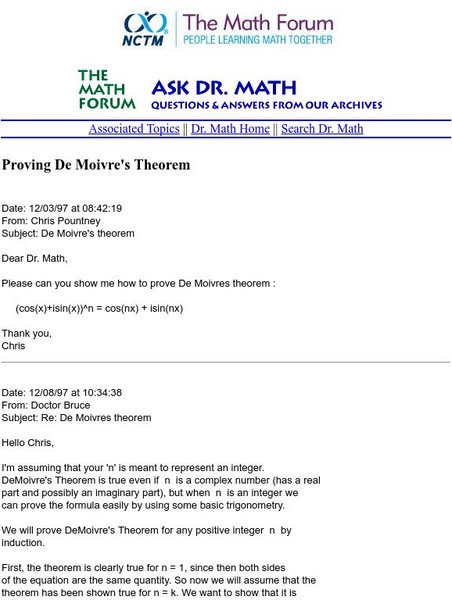 The Math Forum: Ask Dr. Math: De Moivre's Theorem Proof Handout The Math Forum: Ask Dr. Math: De Moivre's Theorem Proof Handout