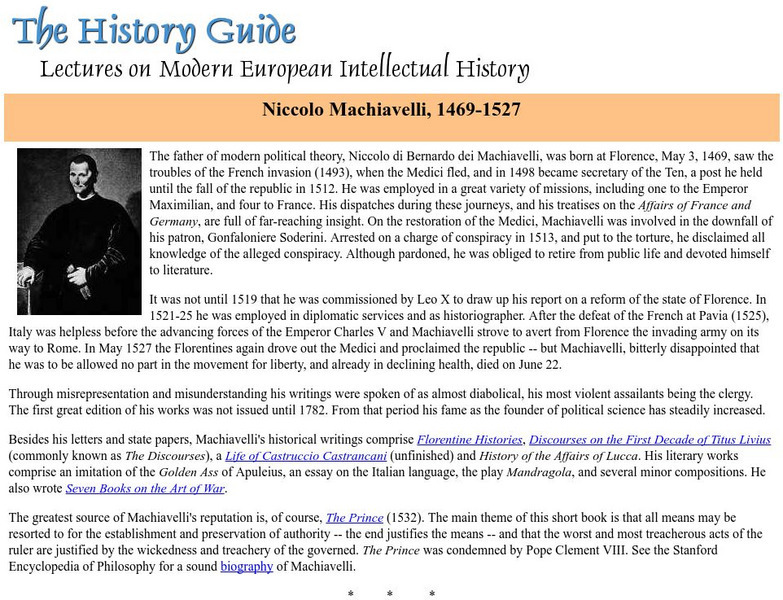 The History Guide: Niccolo Machiavelli, 1469 1527 Handout The History Guide: Niccolo Machiavelli, 1469 1527 Handout