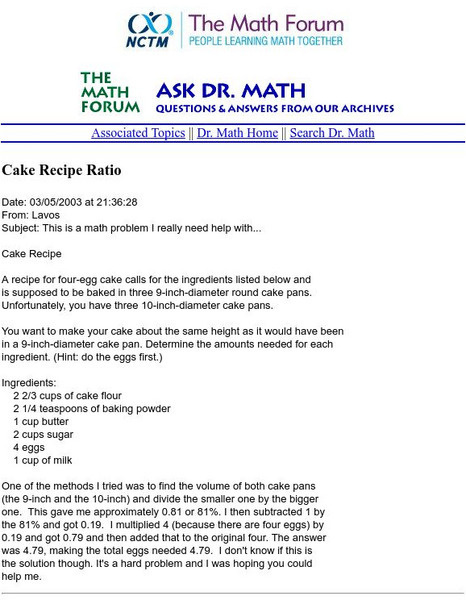 The Math Forum: Ask Dr. Math: Cake Recipe Ratio Activity The Math Forum: Ask Dr. Math: Cake Recipe Ratio Activity