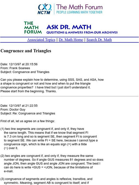 The Math Forum: Ask Dr. Math: Congruence and Triangles Website The Math Forum: Ask Dr. Math: Congruence and Triangles Website