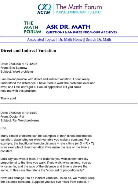 The Math Forum: Ask Dr. Math: Direct and Indirect Variation Activity The Math Forum: Ask Dr. Math: Direct and Indirect Variation Activity