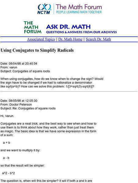 The Math Forum: Ask Dr. Math: Using Conjugates to Simplify Radicals Activity The Math Forum: Ask Dr. Math: Using Conjugates to Simplify Radicals Activity