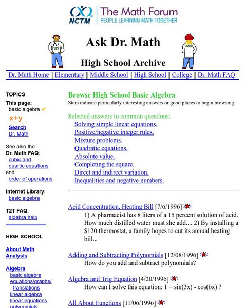 The Math Forum: Ask Dr. Math: High School Basic Algebra Review Activity The Math Forum: Ask Dr. Math: High School Basic Algebra Review Activity