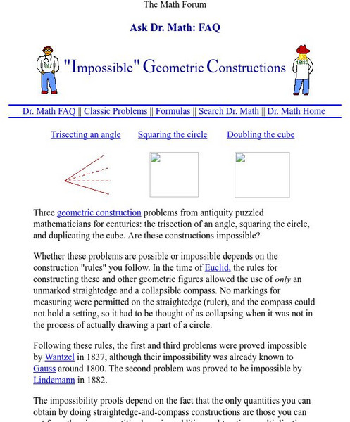 The Math Forum: Ask Dr. Math: "Impossible" Geometric Constructions Handout The Math Forum: Ask Dr. Math: "Impossible" Geometric Constructions Handout