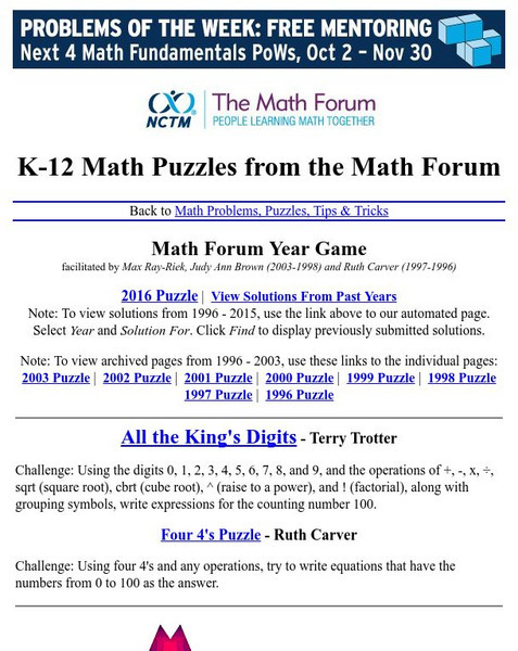 The Math Forum: K 12 Math Puzzles Activity The Math Forum: K 12 Math Puzzles Activity