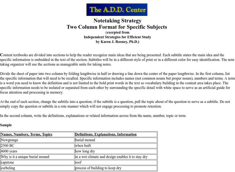 The add center notetaking strategy two column format professional doc