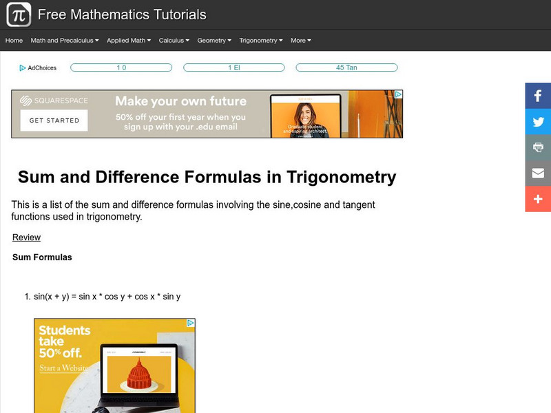 Analyze Math: Trigonometry: Sum and Difference Formulas Activity