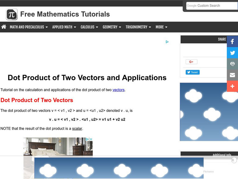 Analyze Math: Dot Product of Two Vectors and Applications Handout Analyze Math: Dot Product of Two Vectors and Applications Handout