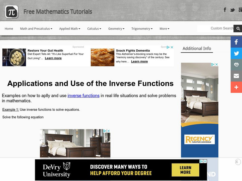 Analyze Math: Applications and Use of the Inverse Functions Activity Analyze Math: Applications and Use of the Inverse Functions Activity