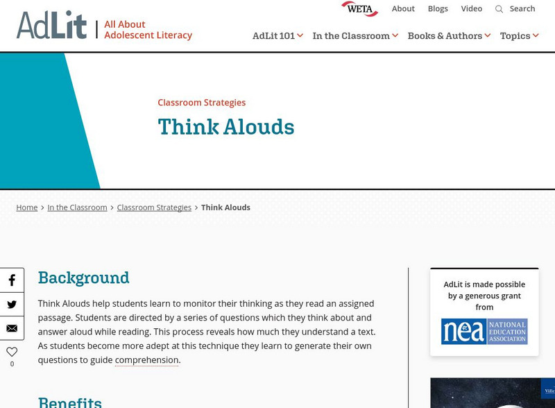 Ad lit.org: Classroom Strategies: Think Alouds Professional Doc Ad lit.org: Classroom Strategies: Think Alouds Professional Doc