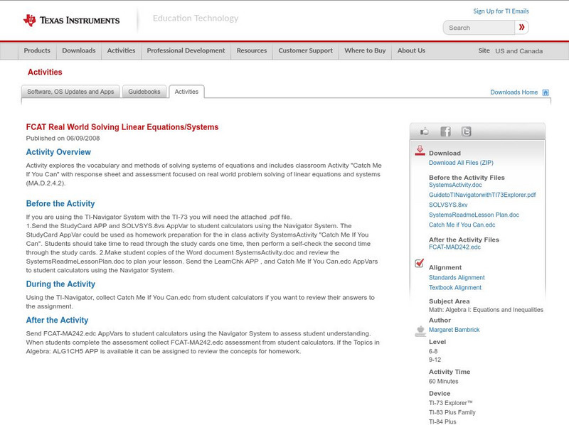 Texas Instruments: Fcat Real World Solving Linear Equations/systems Activity