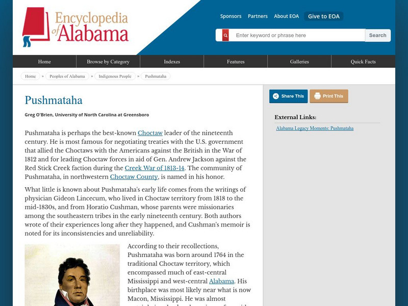Encyclopedia of Alabama: Pushmataha Handout Encyclopedia of Alabama: Pushmataha Handout