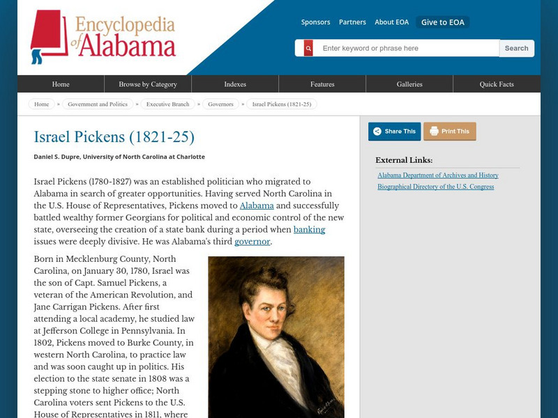 Encyclopedia of Alabama: Israel Pickens (Governor, 1821 1825) Handout