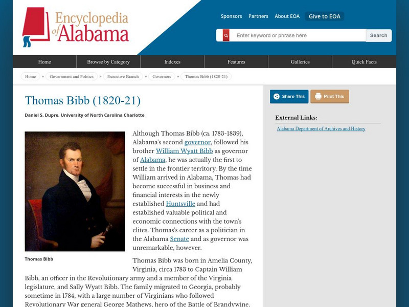 Encyclopedia of Alabama: Thomas Bibb (Governor 1820 21) Handout