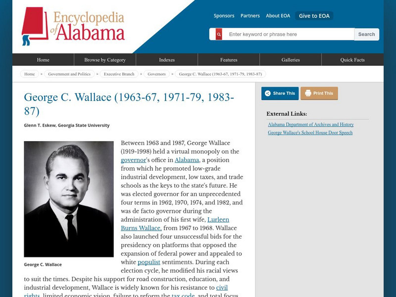 Encyclopedia of Alabama: George C. Wallace (1963 67, 1971 75, 1983 87) Handout