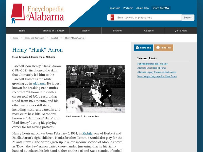 Encyclopedia of Alabama: Sports and Recreation: Henry "Hank" Aaron Handout Encyclopedia of Alabama: Sports and Recreation: Henry "Hank" Aaron Handout