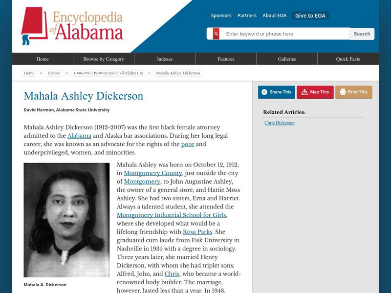 Encyclopedia of Alabama: Mahala Ashley Dickerson Handout Encyclopedia of Alabama: Mahala Ashley Dickerson Handout