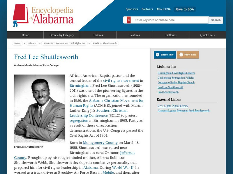 Encyclopedia of Alabama: History: Fred Lee Shuttlesworth Handout Encyclopedia of Alabama: History: Fred Lee Shuttlesworth Handout