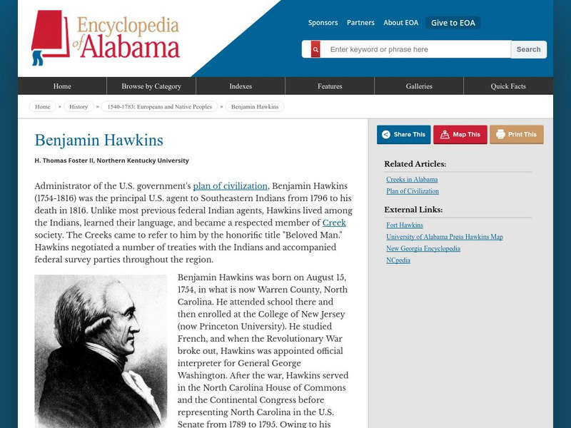 Encyclopedia of Alabama: Benjamin Hawkins Handout Encyclopedia of Alabama: Benjamin Hawkins Handout