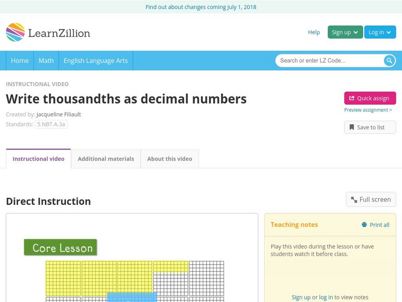 Learn Zillion: Write Thousandths as Decimal Numbers Instructional Video Learn Zillion: Write Thousandths as Decimal Numbers Instructional Video