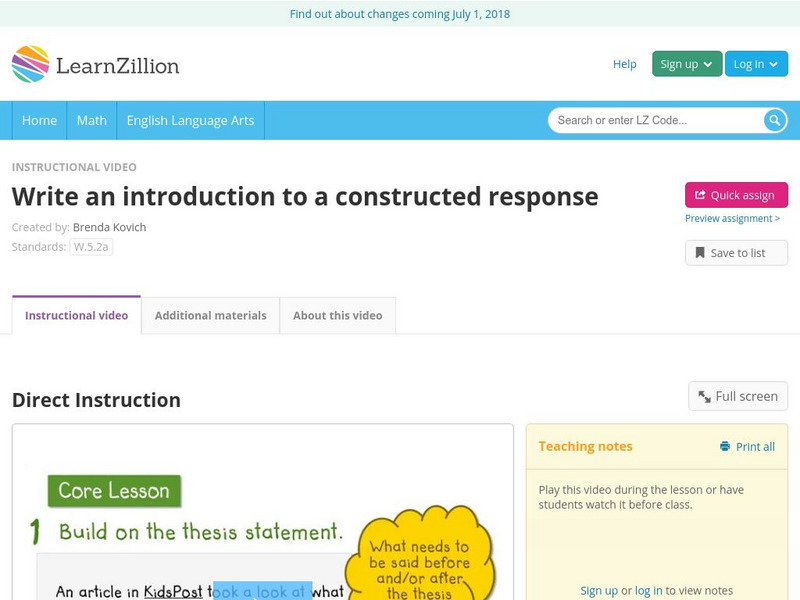 Learn Zillion: Write an Introduction to a Constructed Response Instructional Video