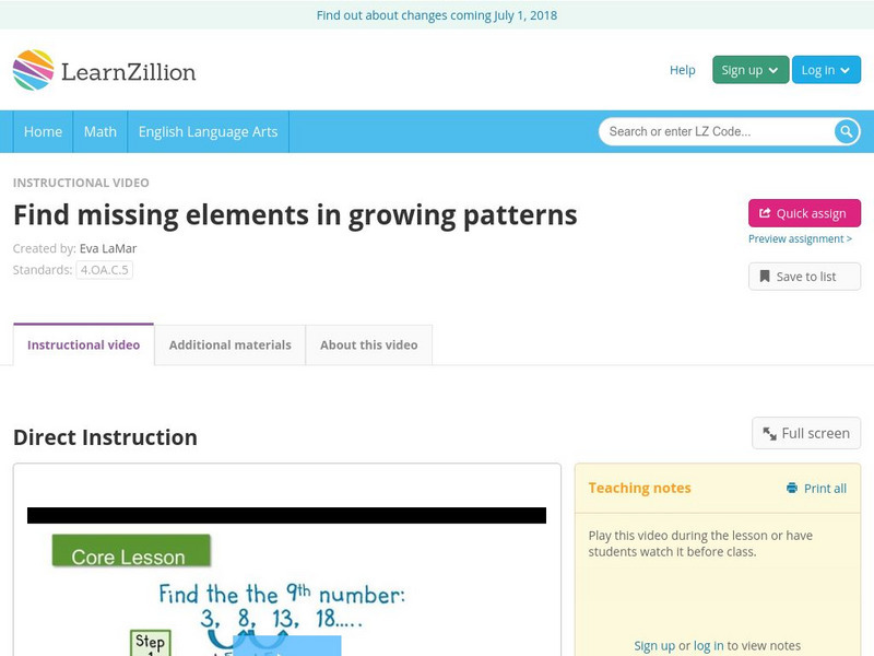 Learn Zillion: Find Missing Elements in Growing Patterns Instructional Video