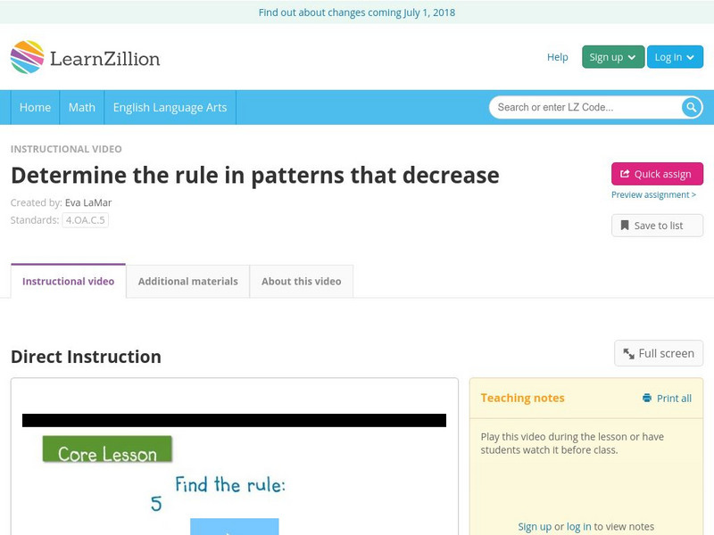 Learn Zillion: Determine the Rule in Patterns That Decrease Instructional Video
