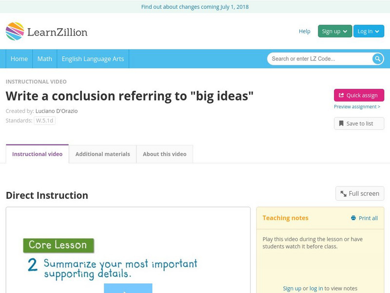 Learn Zillion: Write a Conclusion Referring to "Big Ideas" Instructional Video