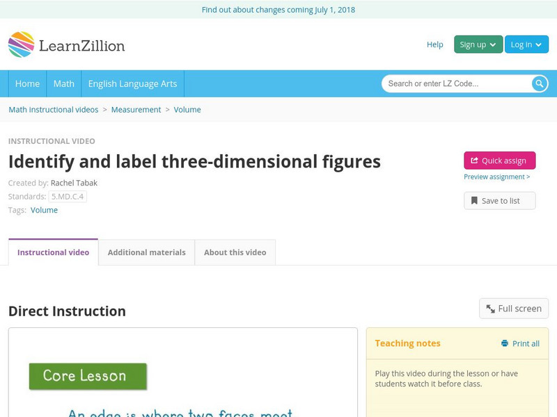 Learn Zillion: Identify and Label Three Dimensional Figures Instructional Video