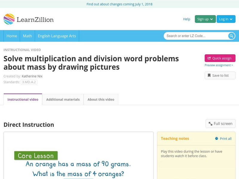 Learn Zillion: Solve Multiplication and Division Word Problems About Mass Instructional Video