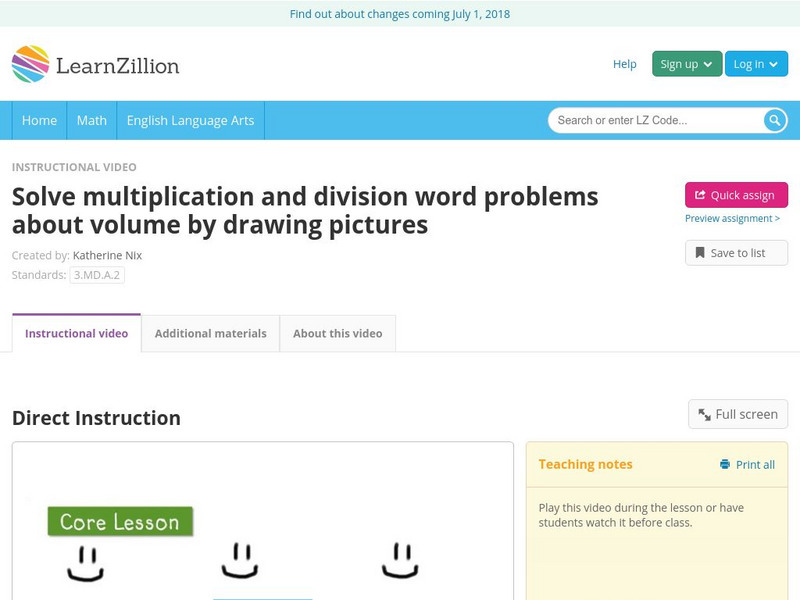 Learn Zillion:solve Mult./division Word Problems About Volume by Drawing Pictures Instructional Video