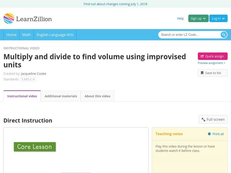 Learn Zillion: Multiply and Divide to Find Volume Using Improvised Units Instructional Video
