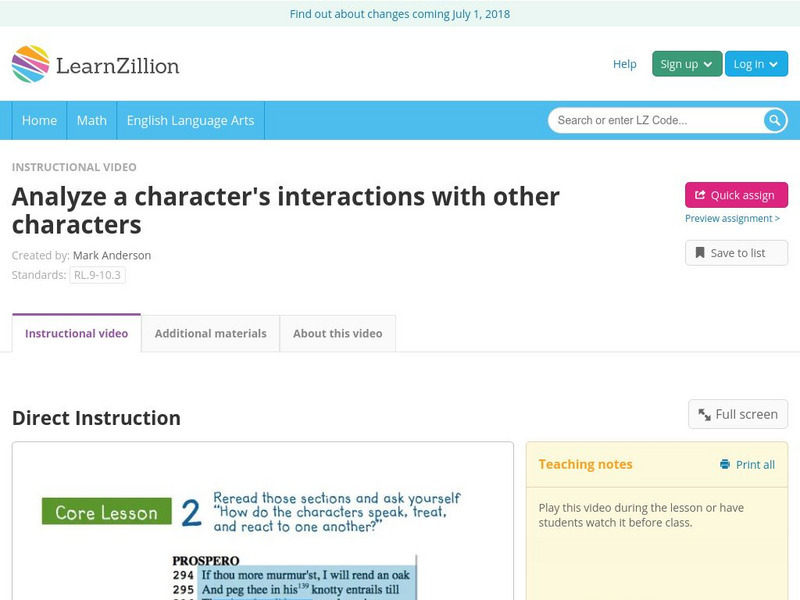 Learn Zillion: Analyze a Character's Interactions With Other Characters Instructional Video Learn Zillion: Analyze a Character's Interactions With Other Characters Instructional Video