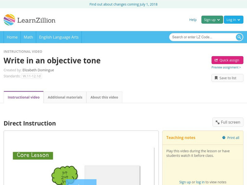 Learn Zillion: Write in an Objective Tone Instructional Video Learn Zillion: Write in an Objective Tone Instructional Video