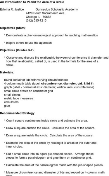 Smile: The Area of a Circle Lesson Plan Smile: The Area of a Circle Lesson Plan
