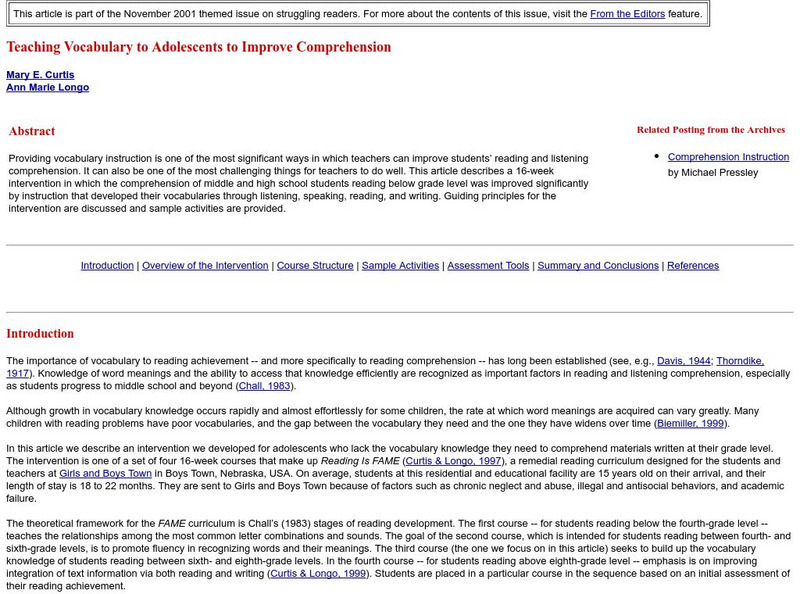 Reading Online: Teaching Vocabulary to Adolescents to Improve Comprehension Professional Doc Reading Online: Teaching Vocabulary to Adolescents to Improve Comprehension Professional Doc
