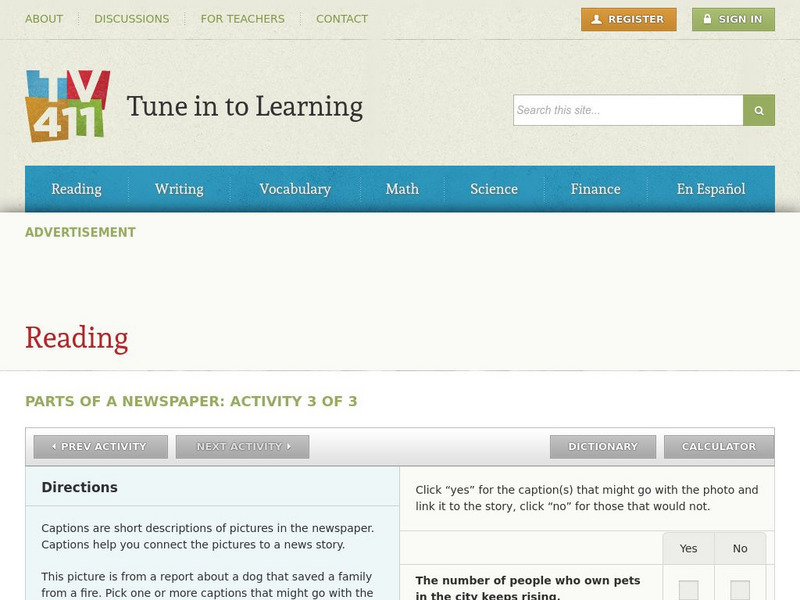 Tv411: Reading: Parts of a Newspaper: Activity 3 of 3 Activity Tv411: Reading: Parts of a Newspaper: Activity 3 of 3 Activity