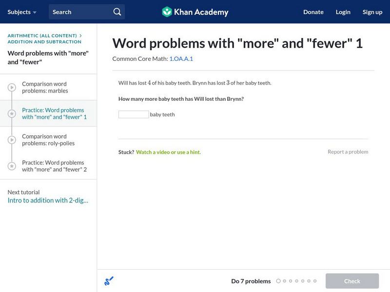 Khan Academy: Word Problems With "More" and "Fewer" 1 Unknown Type Khan Academy: Word Problems With "More" and "Fewer" 1 Unknown Type