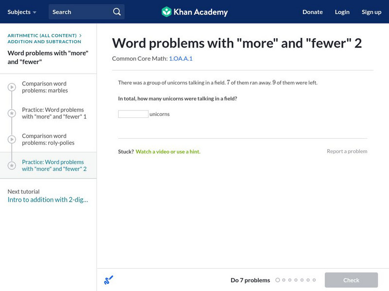 Khan Academy: Word Problems With "More" and "Fewer" 2 Unknown Type Khan Academy: Word Problems With "More" and "Fewer" 2 Unknown Type