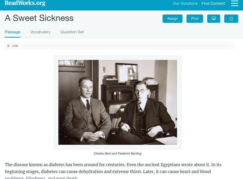 Read Works: A Sweet Sickness Activity Read Works: A Sweet Sickness Activity