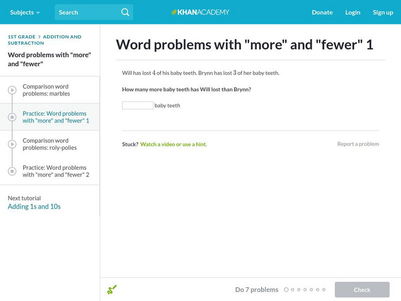 Khan Academy: Word Problems With "More" and "Fewer" 1 Unit Plan Khan Academy: Word Problems With "More" and "Fewer" 1 Unit Plan