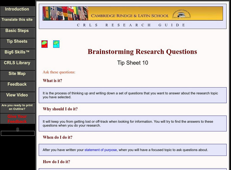 Cambridge Rindge & Latin School: Brainstorming Research Questions Handout Cambridge Rindge & Latin School: Brainstorming Research Questions Handout