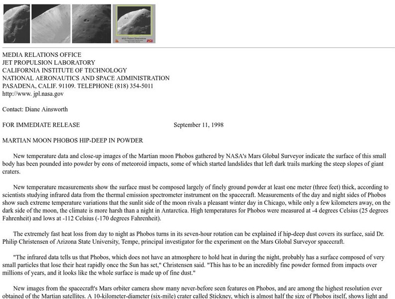 Nasa: Martian Moon Phobos Hip Deep in Powder Handout Nasa: Martian Moon Phobos Hip Deep in Powder Handout